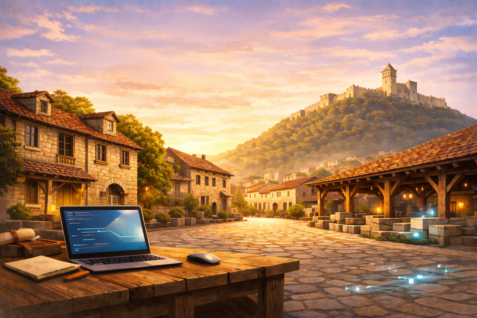 Vue panoramique de Crémieu, ordinateur portable posé sur une table de pierre dans la cité médiévale.